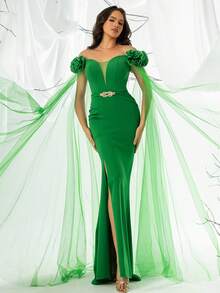 Fashionable And Vintage Style Gathered Waist, Fish-Tail, Slit, And Mesh Spliced Evening Dress - Green - View 3