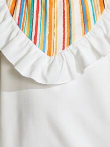 SHEIN Vestido Casual Solto De Férias Para Jovem Menina Com Gola Redonda Tecido Listrado Em Patchwork E Detalhes De Babado