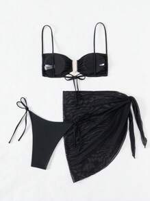 SHEIN Swim 女士纯色褶皱两件套比基尼套装夏季海滩 - 黑色 - 查看 2