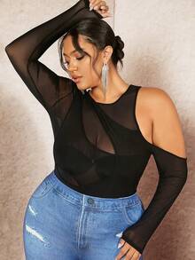 SHEIN BAE 加大碼女士透視網格露肩不對稱頸線彎曲剪裁連體衣（不帶胸罩） - 黑色 - 查看 3