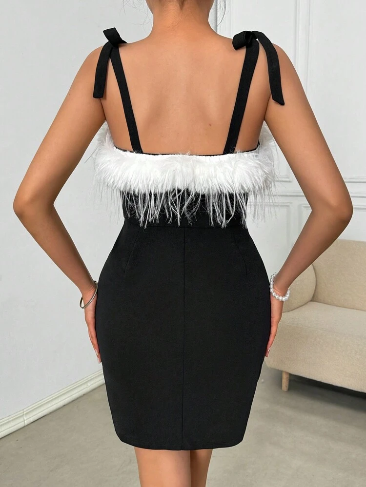 Slim Fitted Spaghetti Strap Dress With Patchwork Furry Detail On Bright Colored Fabric