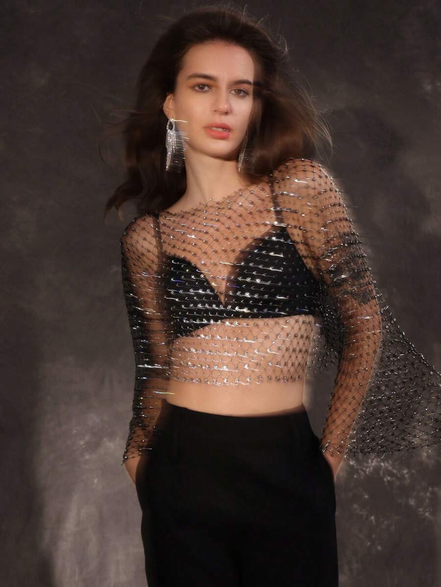 Zolique Women's Round Neck Gorgeous & Sexy Net Diamond Decor Top - Black - View 1