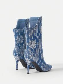 Women'S Fashionable High Heel Cowboy Cloth Glitter Stiletto Boots - Blue - View 9