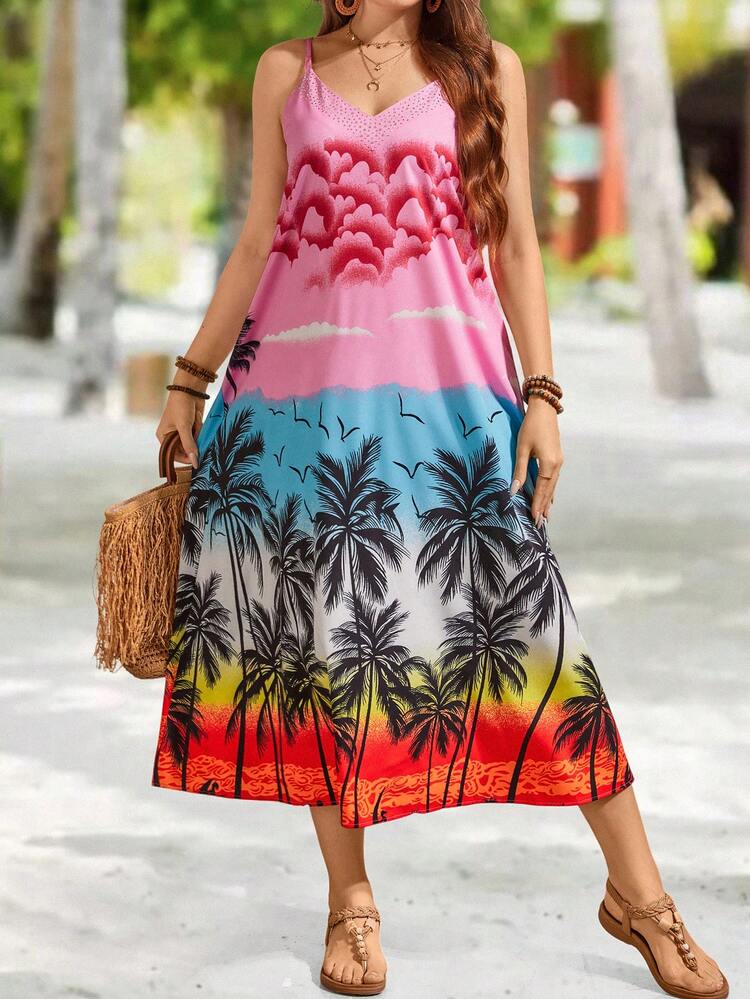 Plus Size Women's Palm Tree Printed Cami Dress