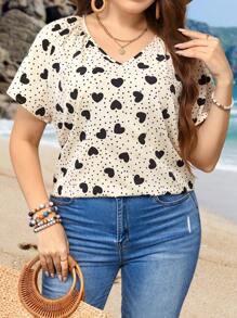 EMERY ROSE Blusa de manga corta con estampado de corazón y lunares para mujer de talla grande en verano