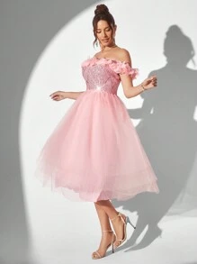 SHEIN Belle 女士露肩 3d 花卉装饰粉色闪光网眼撞色 A 适合约会晚宴鸡尾酒会礼服 - 淺粉色 - 查看 5