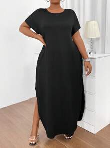 SHEIN EMERY ROSE CURVE Plus Size Women's Solid Color Round Neck Dress With Pockets Maxi Women Outfit - Black - View 6