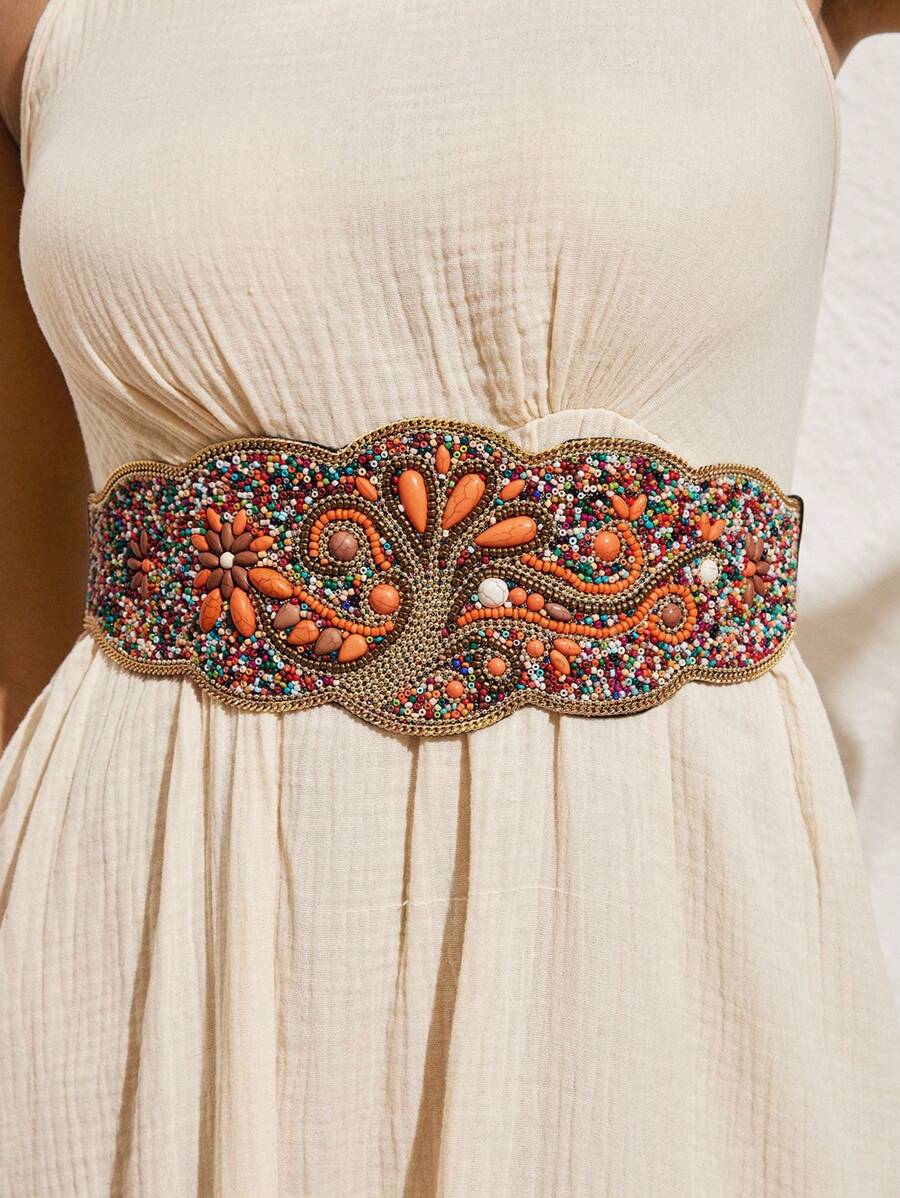 Women's Elegant & Romantic Heavy Duty Elastic Turquoise Flower Bohemian Style Waist Belt Casual - Multicolor - View 1