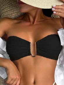 SHEIN Swim Tope De Bikini Sin Tirantes De Color Sólido Para Mujer - Negro - Ver 3