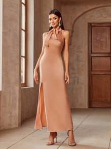 SHEIN Belle Vestido De Dama De Honor Sólido Con Corbata En El Cuello Y Raja En Los Muslos