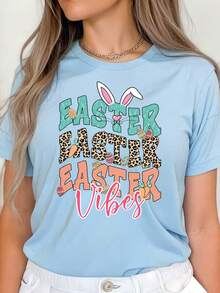 Flirla Plus Size Easter Slogan Print Short Sleeve T-Shirt - Baby Blue - View 3
