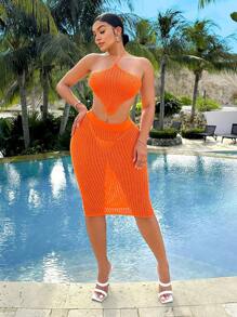 Zolique Women's Asymmetrical Hem Knit Halter Top And Skirt Set - Orange - View 3