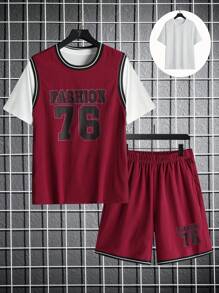 Conjunto De 3 Peças Para Esportes T-shirt Para Adolescentes Com Cor Sólida, Colete Com Impressão De Letras E Números E Shorts