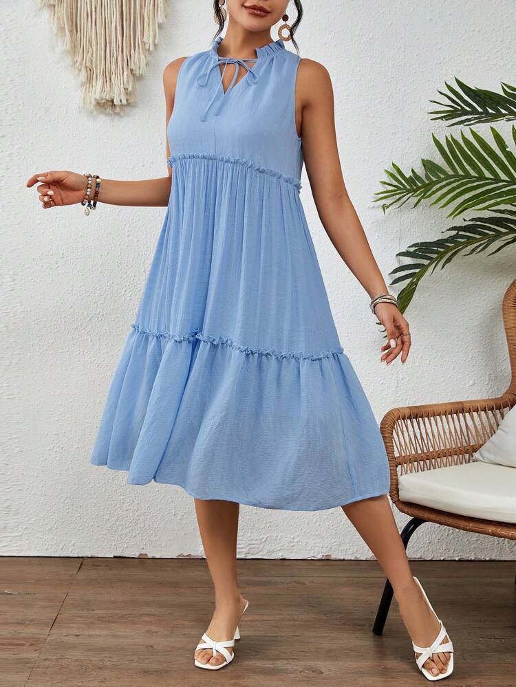 Solid Color Textured Dress With Knotted High Neck And Ruffled Hem