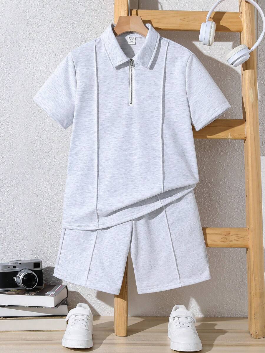 SHEIN Tween男孩鬆身休閒針織純色短袖polo衫和短褲2件套裝 - 灰色 - 查看 1