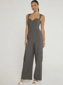 Hauture Pinstriped Wide Leg Slant Pocket Casual Cargo Jumpsuit - Dark Grey - View 3