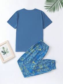 2pcs Set - Gaming Print Pattern Casual Long Pants And Short Sleeve Top For Tween Boys, Loungewear - Blue - View 2