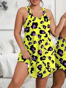 SHEIN EZwear 豹紋印花大碼寬鬆背心裙 - 黃色 - 查看 3