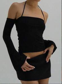 INAWLY Màu thuần Thon gọn Áo hai dây - màu đen - Xem 1