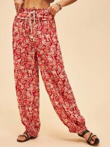 Bohemela Floral Print Drawstring Waist Vacation Pants - Red - View 3
