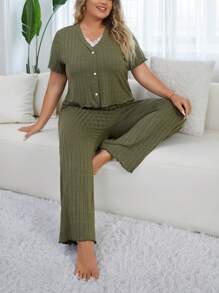 Plus Size Lace & Hollow Out Trim Cami Top With Shorts Pajama Set - Army Green - View 1