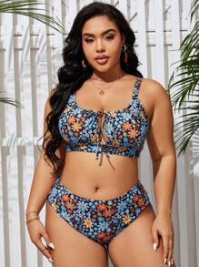 Swim Mod Summer Beach Plus Size Ditsy Floral Bikini Set - Multicolor - View 5