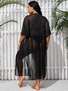 SHEIN Swim Curve 大码纯色透明和服连衣裙（配腰带） - 黑色 - 查看 2