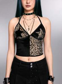 ROMWE Grunge Punk Dark Punk Leopard Print Patchwork Star Applique Women Neck Strap Tank Top - Black - View 1