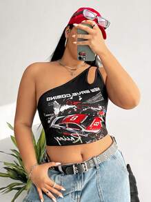 SHEIN Coolane 單肩摩托手上衣 - 黑色 - 查看 8