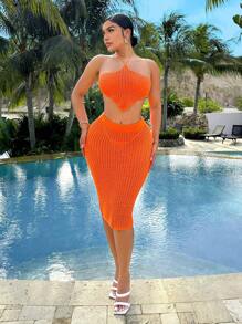 Zolique Women's Asymmetrical Hem Knit Halter Top And Skirt Set - Orange - View 1