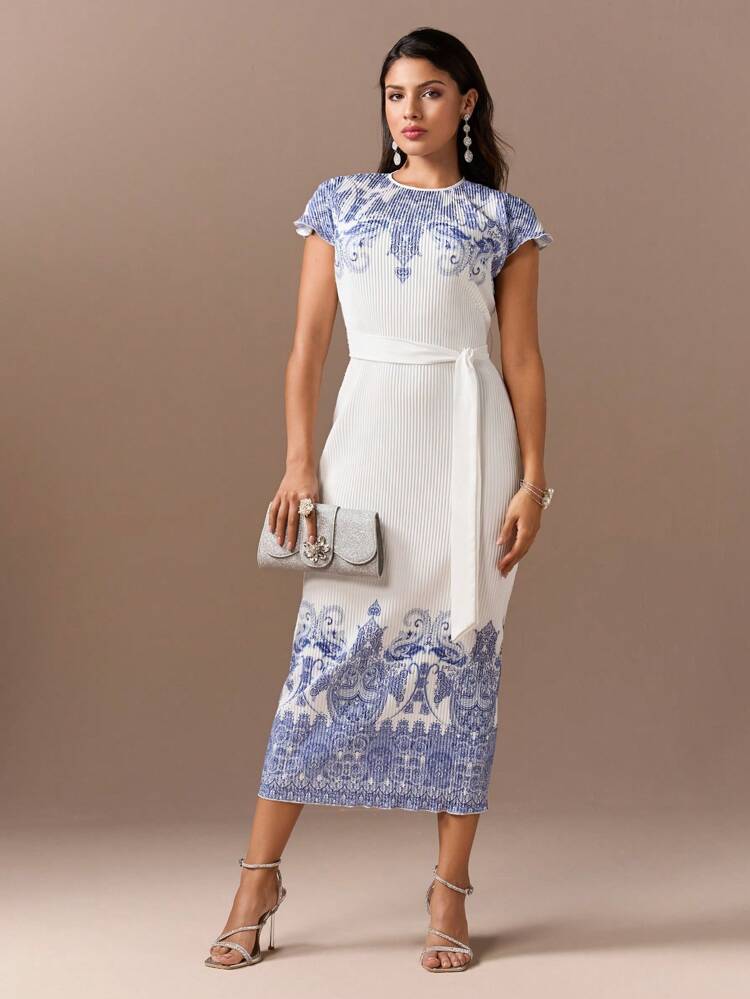 Women's Paisley Print Round Neck Slim-Fit Bodycon Dress Long Evening Dresses