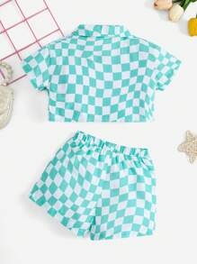 SHEIN Baby Girl Casual Plaid Short Sleeve Shirt With Elastic Waist Shorts Set For Streetwear