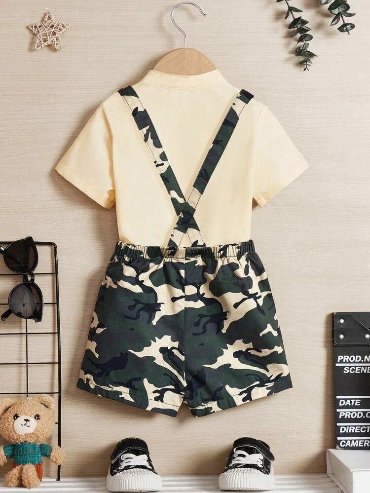 Baby Boy Elegant Banquet Short Sleeve Shirt And Camouflage Strap Shorts Set