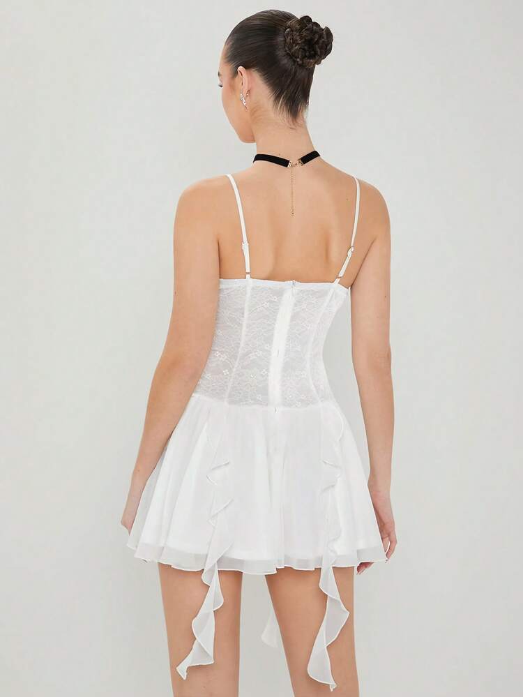 Summer Women's Lace Patchwork Bowknot Decor Mini Romantic Style Spaghetti Strap Dress