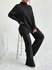 Firerie Turtleneck, Dropped Sleeves Sweater And Knitted Pants Two-Piece Set, Fall And Winter, Elegant, Black, Longsleeve, Highneck - Black - View 3