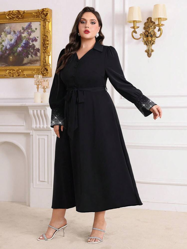 Plus Size Rhinestone Embellished V-Neck Waist Cinched Dress Long Evening Dresses