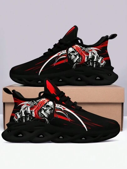 Zapatillas Para Correr Al Aire Libre Con Suela Blade De Estilo Punk Para Hombre Con Parte Superior De Malla Ligera Y Transpirable, Absorción De Impactos, Suela Acolchada Y Estampado De Calavera