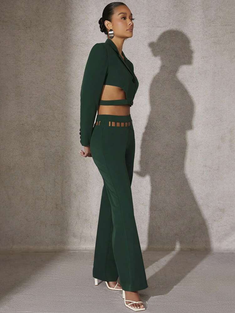 Grid Cut Out Waist Wide Leg Pants