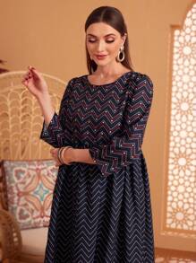 Seusyu Vestido De Patchwork Con Estampado Geométrico - Azul Marino - Ver 4