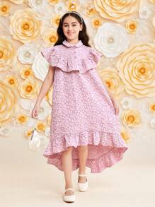 SHEIN Tween Girls' Loose Fit Lovely Jacquard Dress With Ruffled Collar And Hem - Pink - View 3
