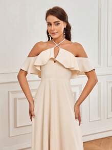 SHEIN Belle Women's Romantic Elegant Apricot Skin-Friendly Woven Fabric Suspender Belt Off-Shoulder Neckline With Ruffles A-Line Bridesmaid Dress - Apricot - View 3