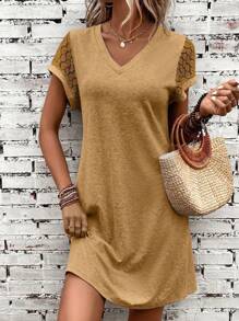 EMERY ROSE Contrast Lace Tee Dress - Khaki - View 1