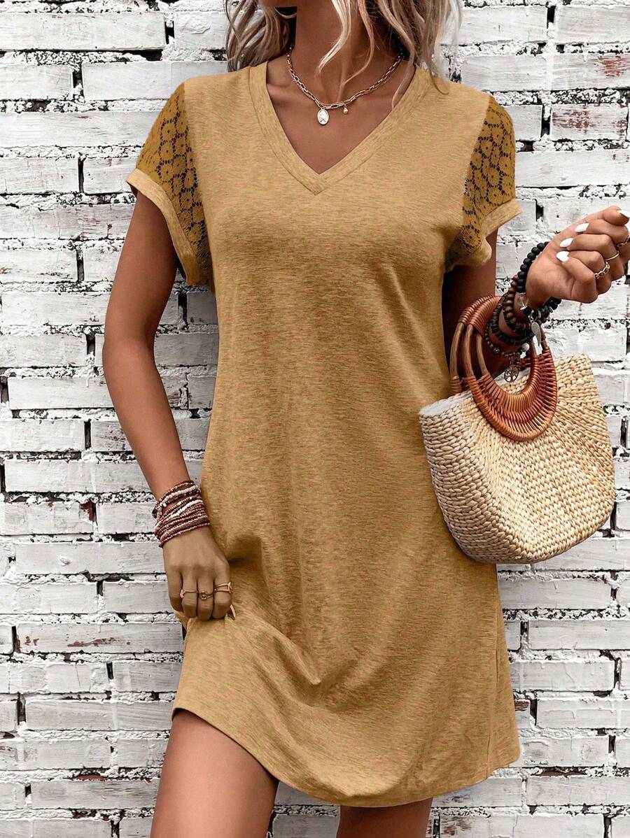 EMERY ROSE Contrast Lace Tee Dress - Khaki - View 1