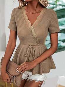 SHEIN LUNE Camiseta Texturizada Con Encaje Para Mujer - Marrón - Ver 3