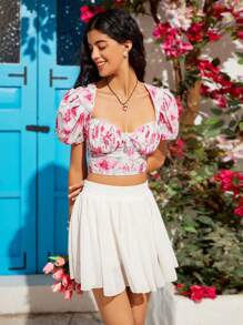 Soleia Women's Casual Vacation Puff Sleeve Shirt With Lace Splice And Pink Floral Pattern