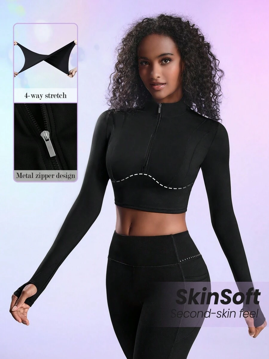 Lifespree 純色拉鍊半拉鍊設計修身運動衫 - 黑色 - 查看 1