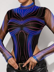 Hauture 女士黑色时尚立领蓝色拼色紧身透明网眼长袖高开衩性感紧身衣，秋季女装，外出上衣，秋季服装。适合约会之夜、音乐会、表演、音乐节、派对 - 彩色 - 查看 4