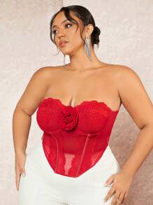 SHEIN BAE Rozmiar Plus Damski Romantyk Sznurówka Patchwork Bez ramiączek Biustonosz Z 3D Dekoracje kwiatowe - Czerwony - Zobacz 6