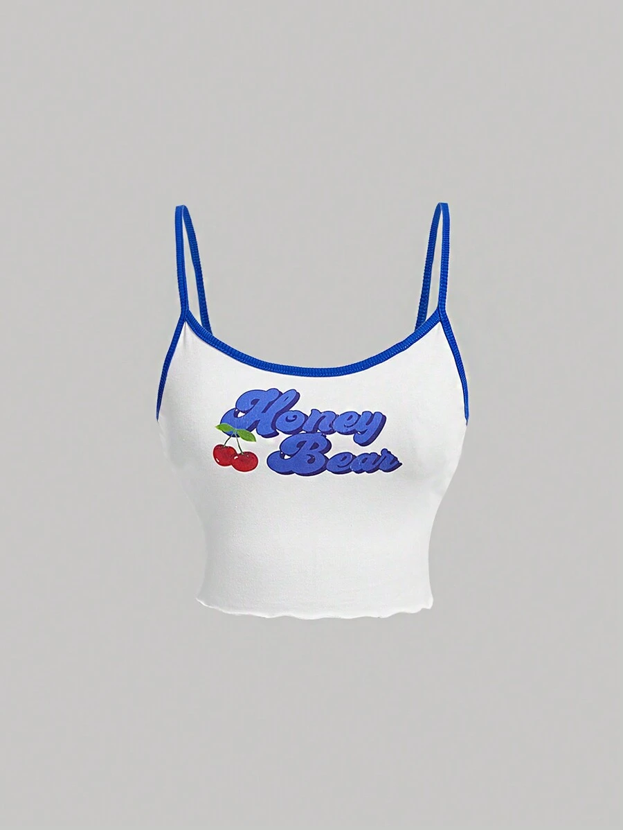 SHEIN MOD Women's Cherry And Letter Printed Tank Top - Blue - View 1