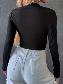 SHEIN EZwear Sọc Dây kéo nửa Tay áo dài Quần skinny Áo thun - màu đen - Xem 2